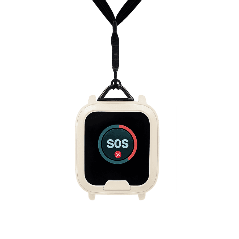 White Umps Mobile Alarm on a lanyard