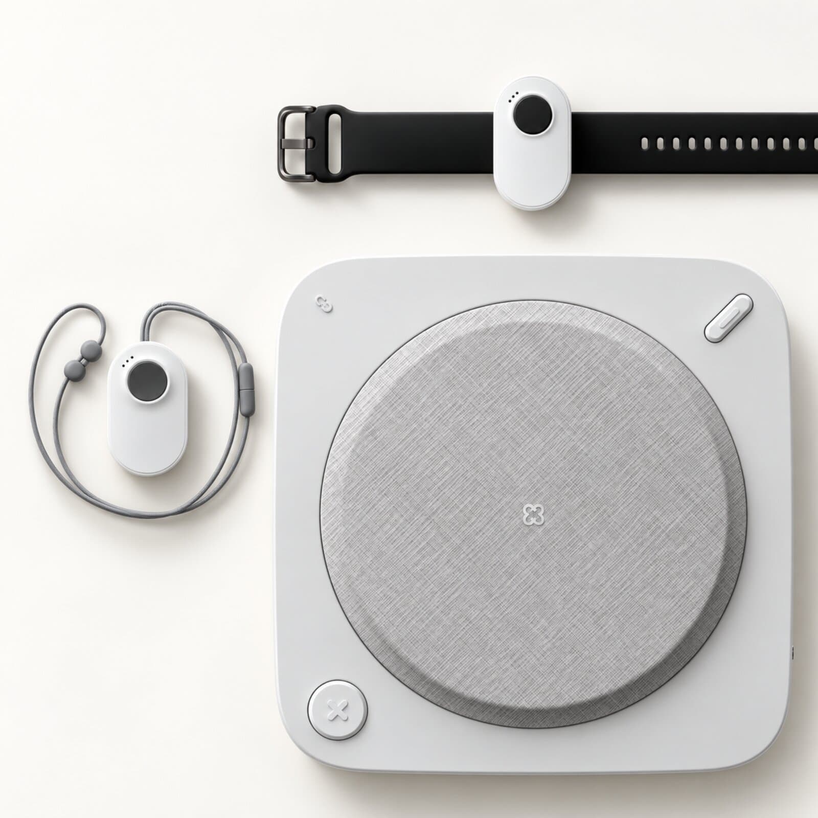 Umps Home Alarm hub with a neck pendant and a wrist-worn button on a black strap