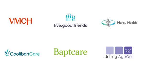 Umps partner logos VMCH, Five Good Friends, Mercy Health, Coolibah Care, Baptcare, and Uniting AgeWell
